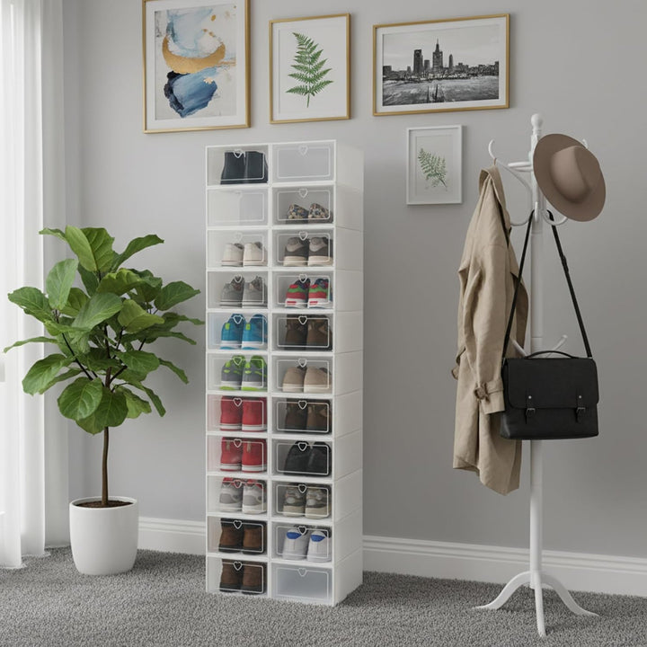 20 stapelbare transparente Schuhkartons, Schuhaufbewahrungsboxen, Kunststoff-Schuhregale, faltbar un