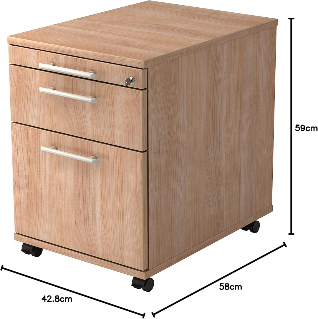 Bümö® Rollcontainer mit 2 Schüben & Schloss | Bürocontainer aus Holz | Tischcontainer mit Hängeregis