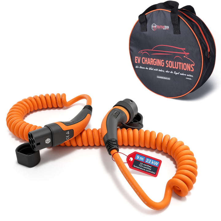 TEUTSCHTECH, EV Ladekabel Spiral I Orange I 9M I TYP2 auf TYP2 I 22kW I 3X32A I 3-phasig I Nutzbare