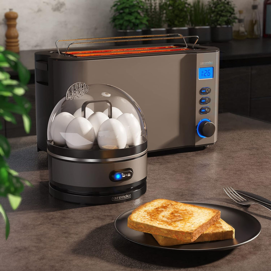 Arendo - SET Toaster MANHA mit Eierkocher SEVENCOOK Edelstahl Grau, Toaster 4 Scheiben, LED-Display,