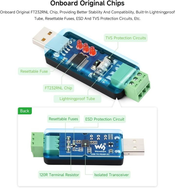 Waveshare USB to RS485 (C) Industrial Grade Isolated Bidirectional Converter, Features The FT232RNL