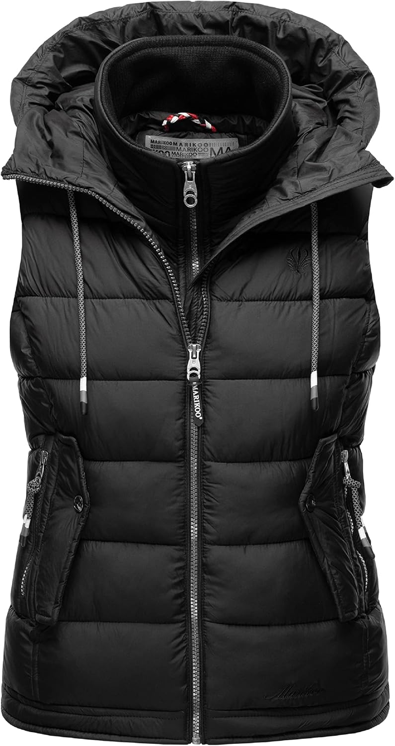 MARIKOO Damen leichte Übergangsweste Steppweste mit Kapuze Taisaa XS-3XL, XS Schwarz