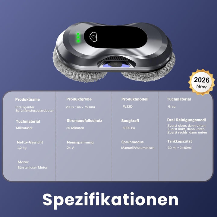 Fensterputzroboter, 6000 Pa Saugkraft Elektrischer Fensterroboter, Doppelhelix-Reinigung, Randenerke