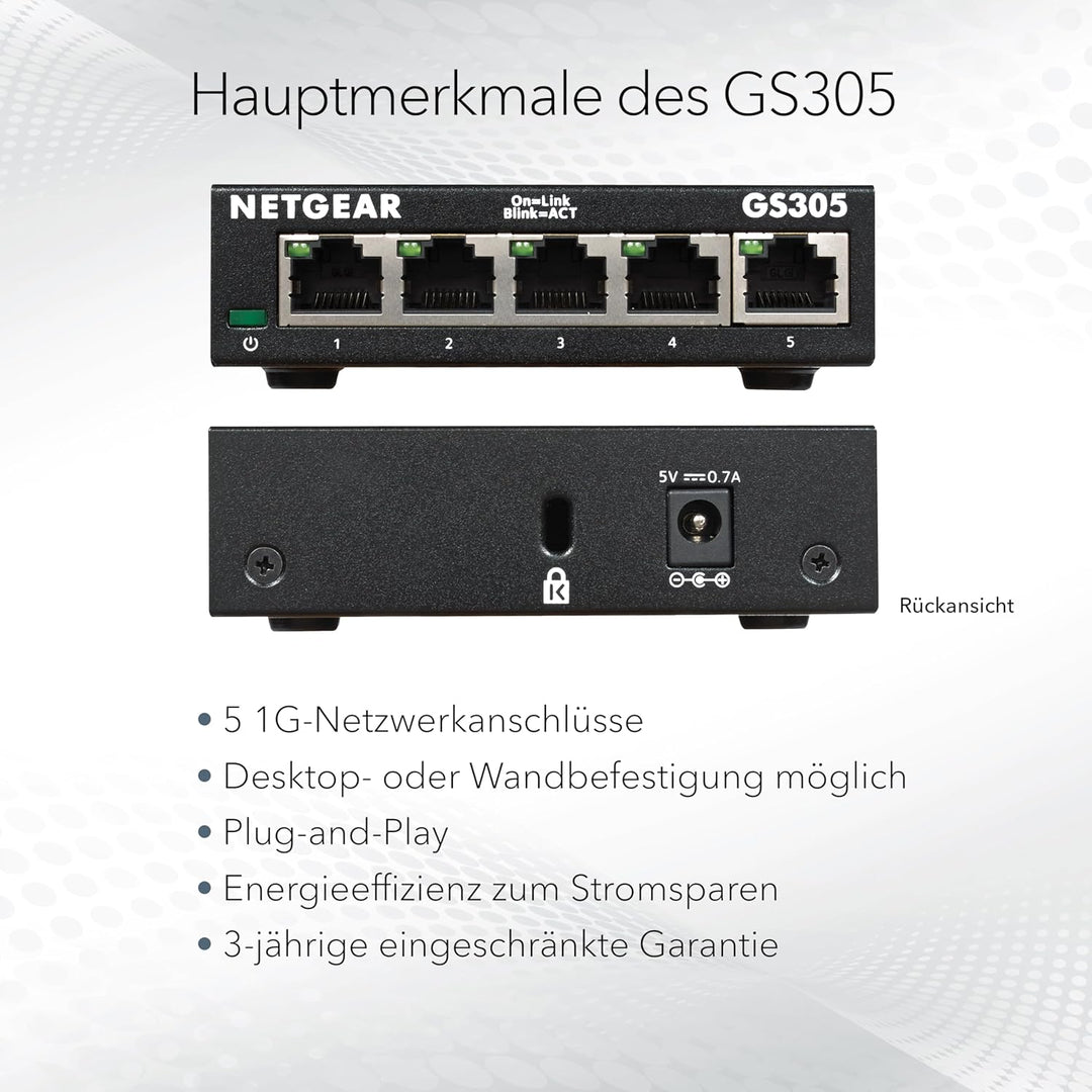 NETGEAR GS305 LAN Switch 5 Port Netzwerk Switch (Plug-and-Play Gigabit Switch LAN Splitter, LAN Vert