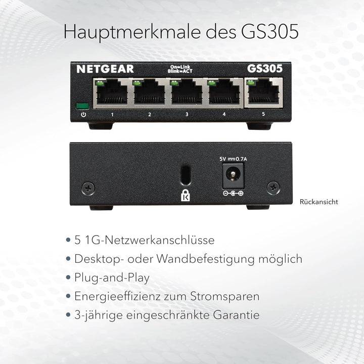 NETGEAR GS305 LAN Switch 5 Port Netzwerk Switch (Plug-and-Play Gigabit Switch LAN Splitter, LAN Vert