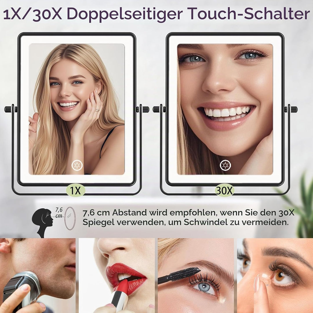 Famihomii 5000mAh Wiederaufladbar Kosmetikspiegel mit LED Beleuchtetung, 8,7 Zoll beidseitig 1X/30X