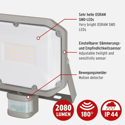 Brennenstuhl LED Strahler AL 3050 mit PIR (30W, 3110lm, 3000K, IP44, LED Fluter zur Wandmontage mit