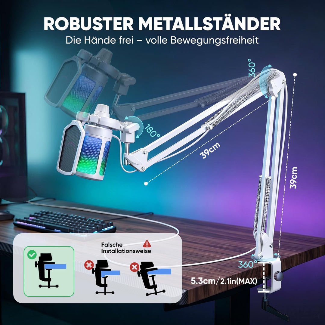 FIFINE USB Mikrofon PC Gaming mit Arm, Typ A/C Microphone Weiss für MAC PS4 PS5 mit Stummschalttaste