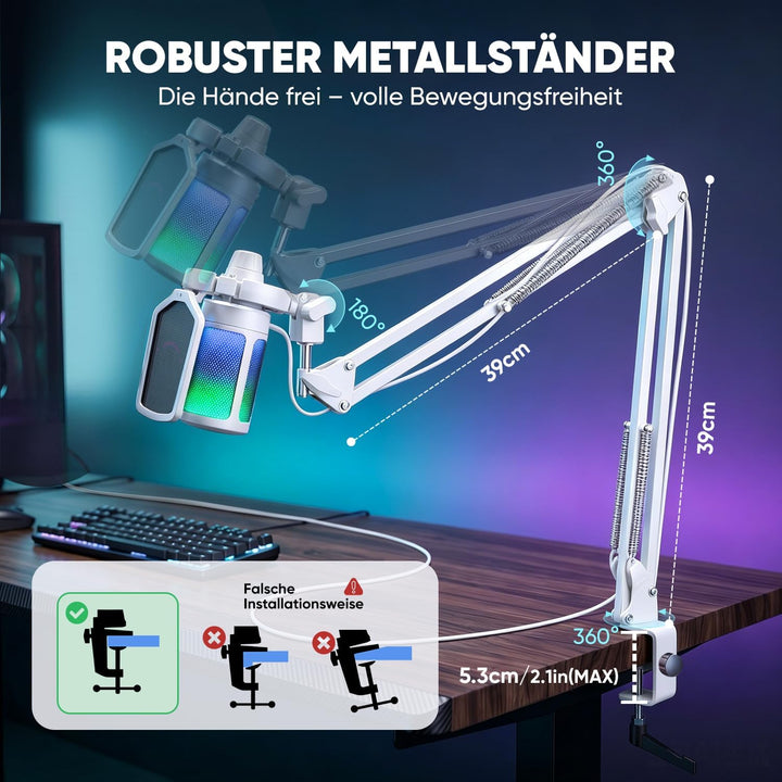 FIFINE USB Mikrofon PC Gaming mit Arm, Typ A/C Microphone Weiss für MAC PS4 PS5 mit Stummschalttaste