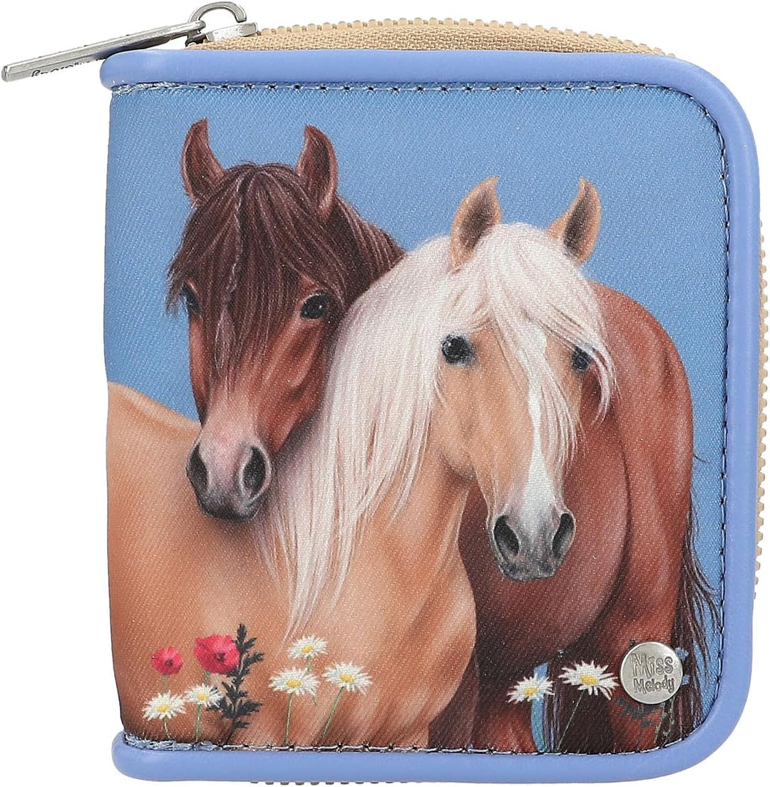 Depesche 13212 Miss Melody - Portemonnaie in Hellblau, mit Pferde Motiv und Blumen, Geldbörse mit Fä