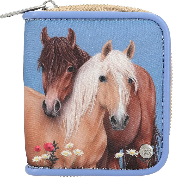 Depesche 13212 Miss Melody - Portemonnaie in Hellblau, mit Pferde Motiv und Blumen, Geldbörse mit Fä