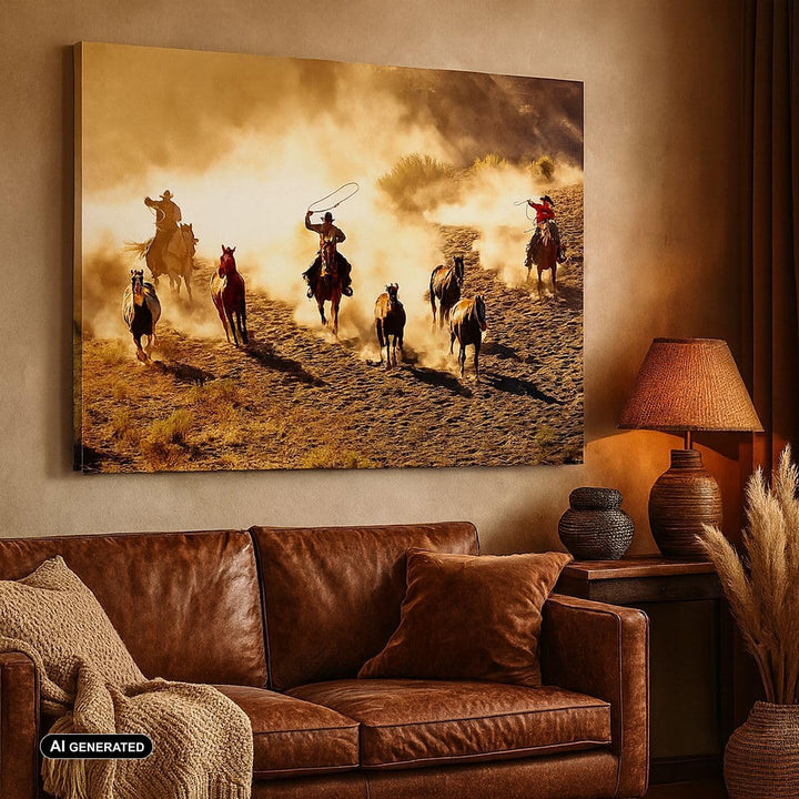 ARTTOR Bilder auf Leinwand Cowboys Pferde Galopp Leinwandbild 70x50cm Wandbilder Dekoration Wohnzimm