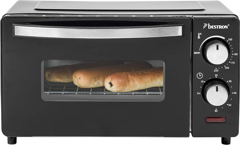 Bestron AOV9 Kompakter Mini-Backofen mit Ober-/Unterhitze, 9 Liter, 800 Watt, Schwarz 9 Liter