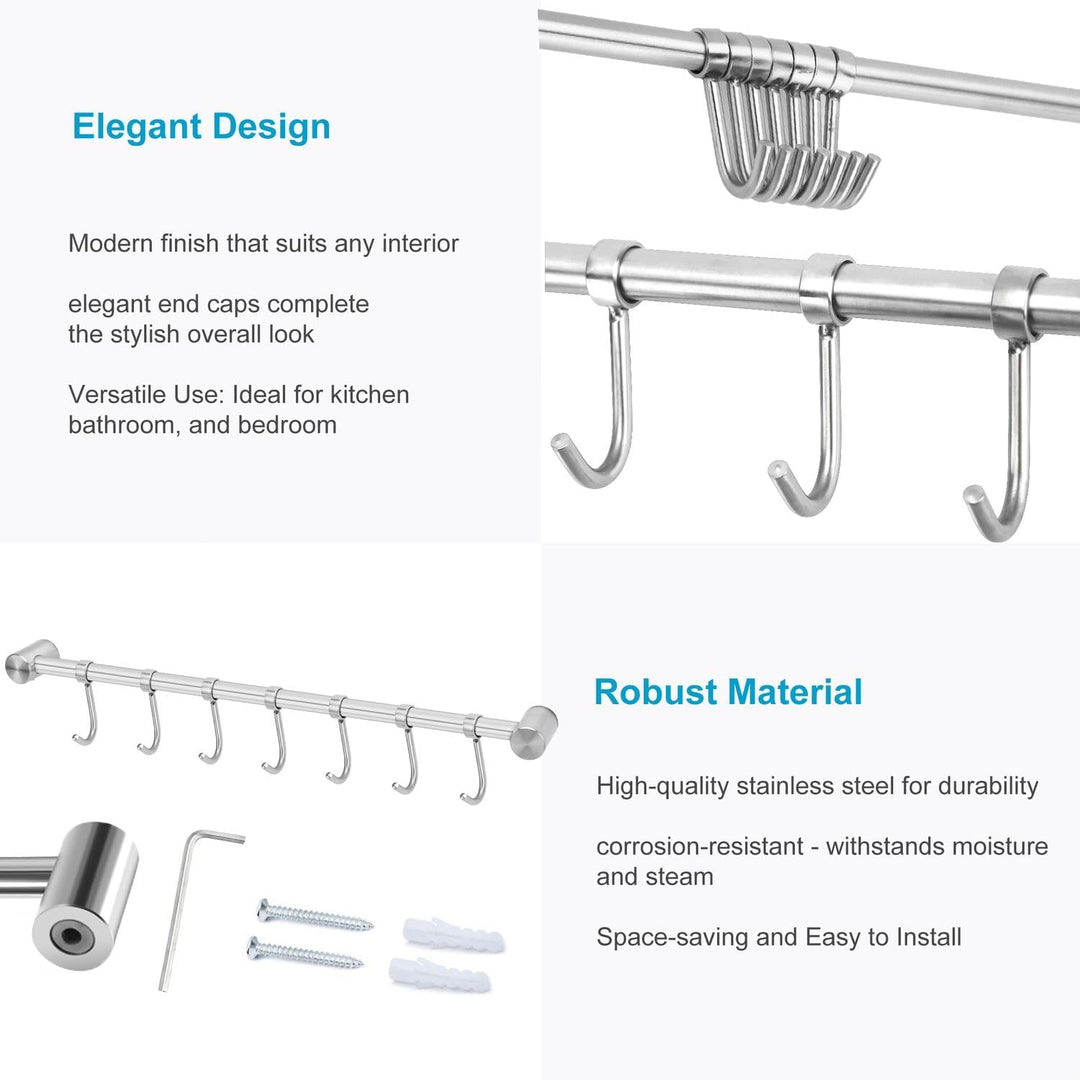 Hängeleiste für die Küche aus Edelstahl mit 7 beweglichen Haken zum Bohren - 39.6 x 3.4 x 2.2 cm - K