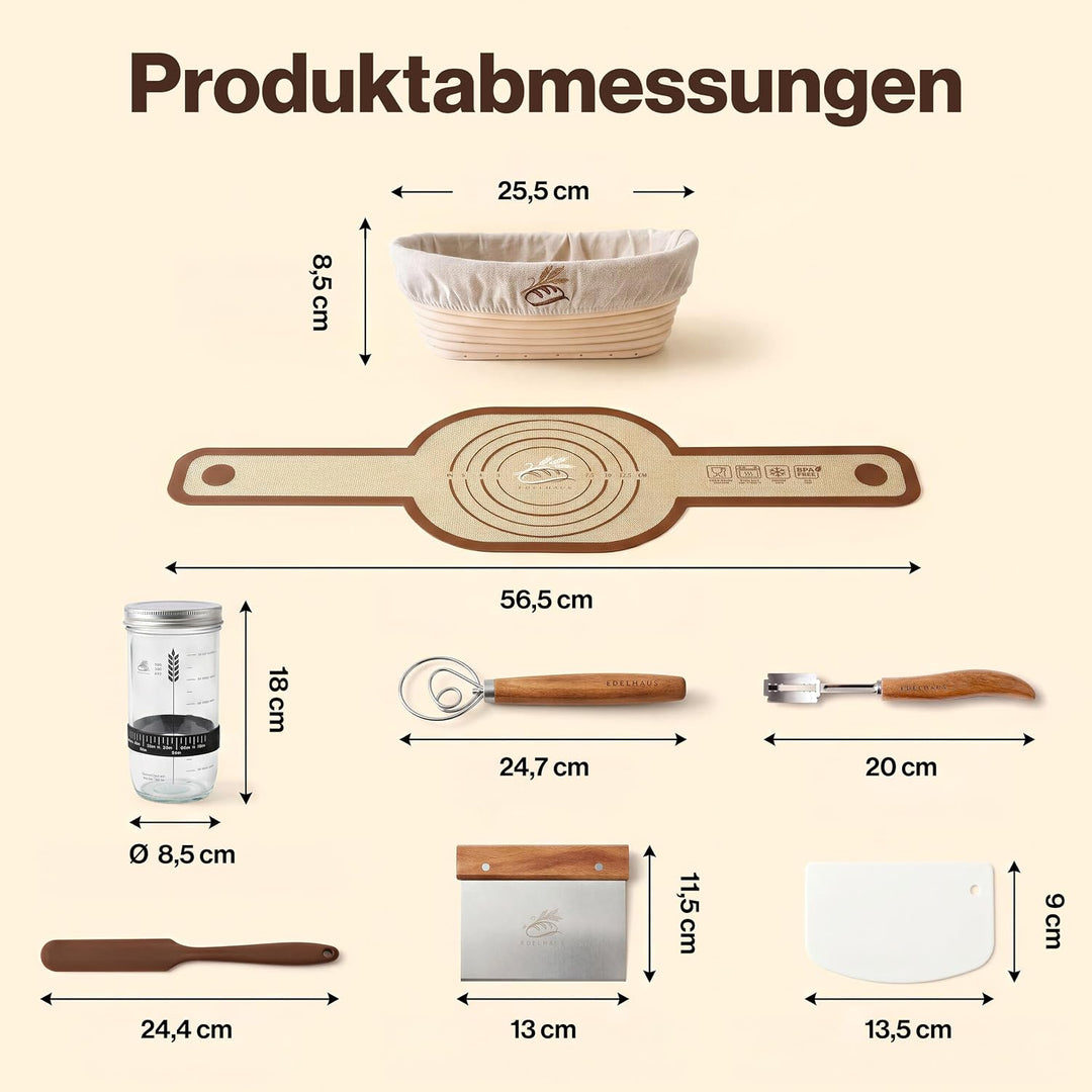 EDELHAUS Gärkörbchen Set 7-teilig zum Brotbacken, komplettes Sauerteig Brotbackset mit Sauerteig Gla