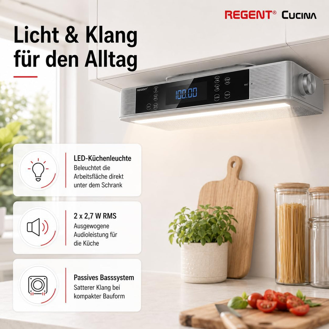 Regent Cucina Unterbau Küchenradio mit FM, Bluetooth, LED-Leiste, Farbdisplay, Küchentimer & 2 Wecke