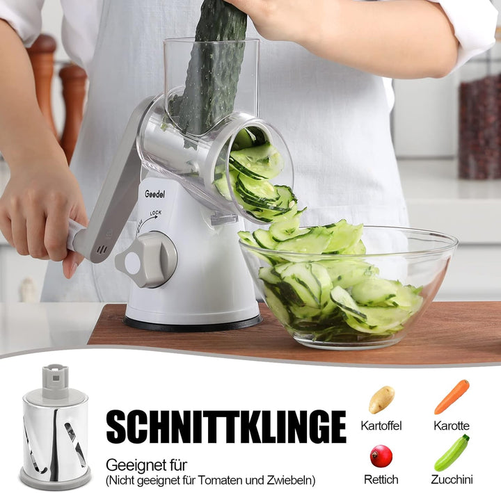 Käsereibe, Reibe für Gemüse mit 3 Trommelblättern, Trommelreibe Schnelleres und Einfaches Schneiden,