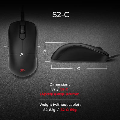 BenQ - Zowie S2-C Symmetrische Gaming-Maus für Esports | Geringeres Gewicht | Paracord-Kabel und Mau