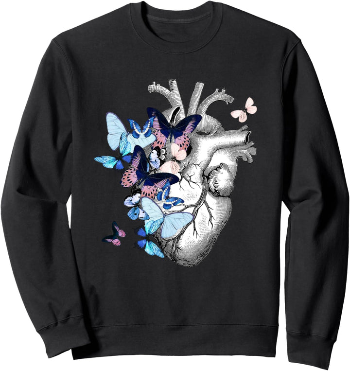 Anatomisches Herz mit blauen Schmetterlingen, menschliches Herz Zeichnung Sweatshirt
