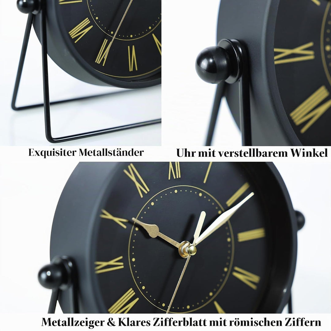 Vintage Metall-Tischuhr – Leise Kaminuhr ohne Ticken mit verstellbarem Winkel, Analoge Standuhr im R