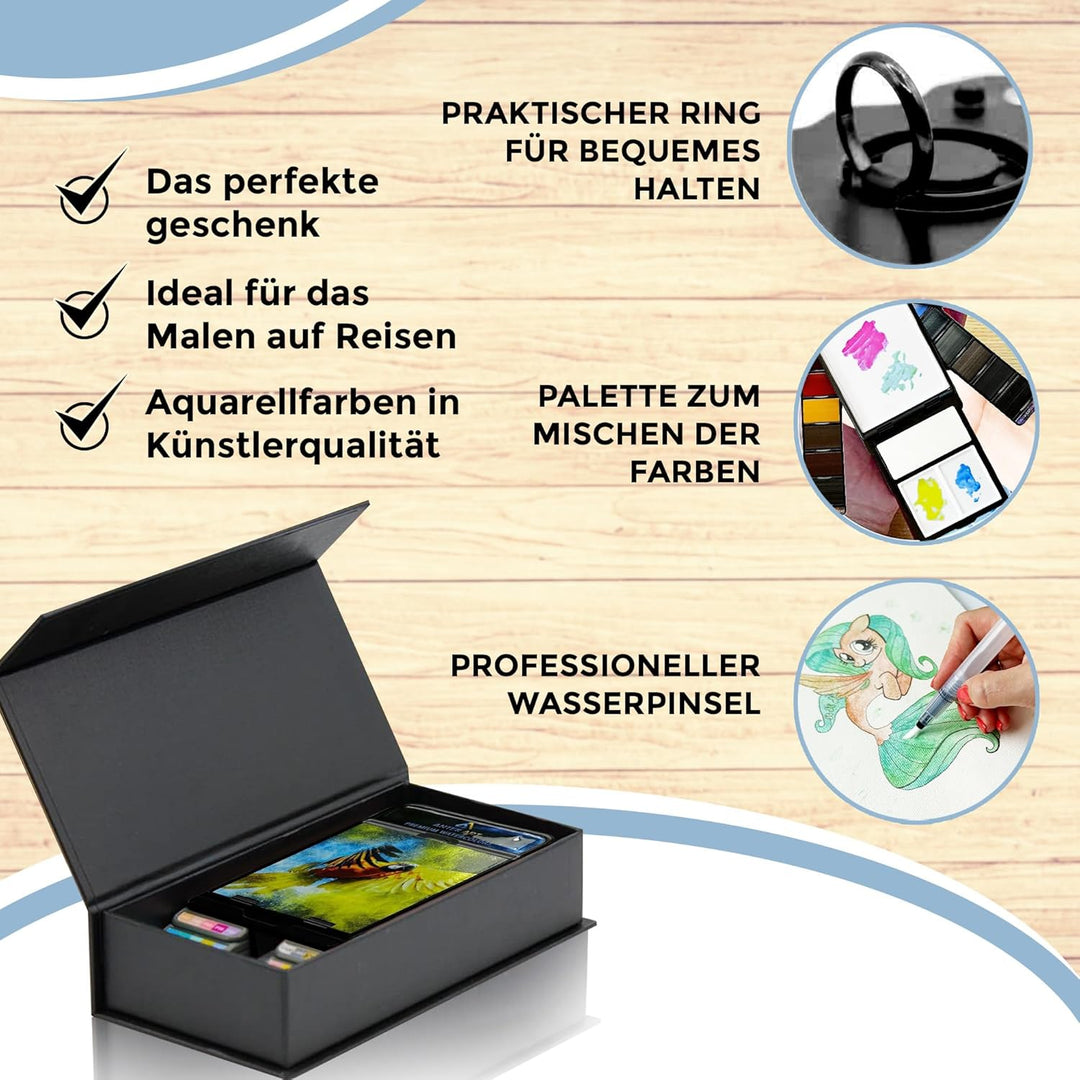 ANTEK ART Aquarellfarben Set Premium (inkl. Metallische Glitzer Aquarell Farben), in Einem Tragbaren