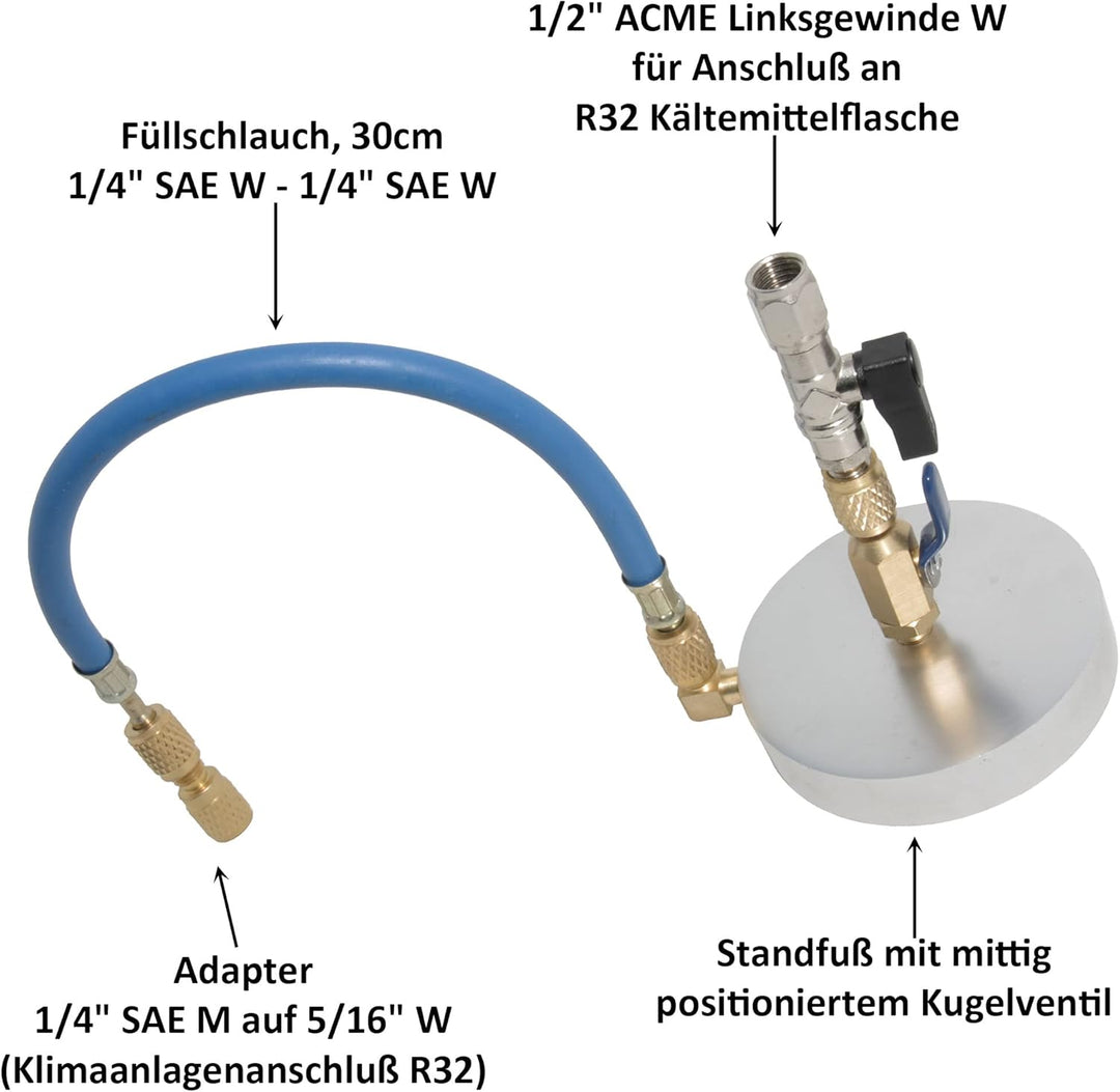 Füllset mit Standfuss für Kältemittel R32-1/2 ACME Linksgewinde - 1/4 SAE M
