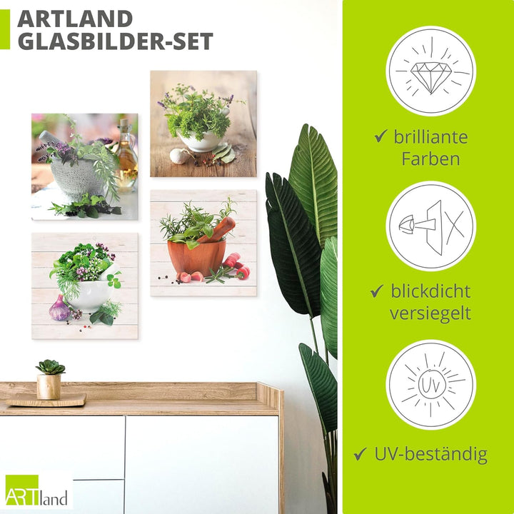 ARTland Glasbilder Wandbild Glas Bild Set 4 teilig je 20x20 cm Quadratisch Stillleben Küche Gewürze