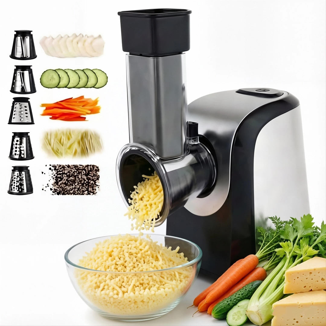 Elektrische 5-in-1 Gemüsehobel 150W, Gemüseschneider mit 5 Edelstahl-Trommeln für Käse, Obst & Gemüs