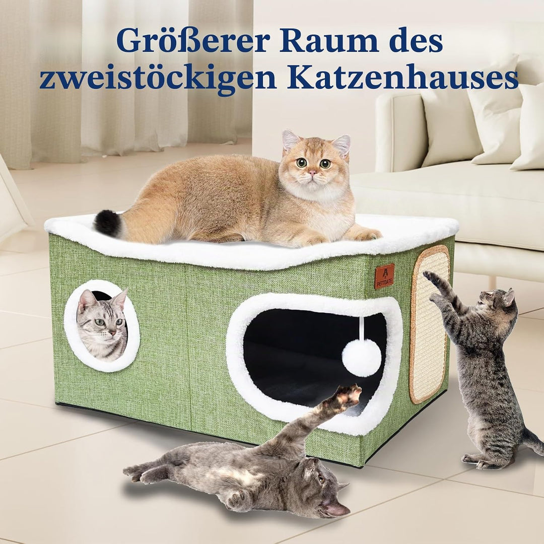 Extra Grosse Katzenhaus Indoor, 2-stöckige Kuschelhöhle mit Kratzbrett und Spielball, Katzenhöhle fü