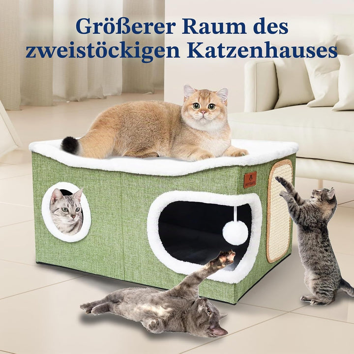 Extra Grosse Katzenhaus Indoor, 2-stöckige Kuschelhöhle mit Kratzbrett und Spielball, Katzenhöhle fü