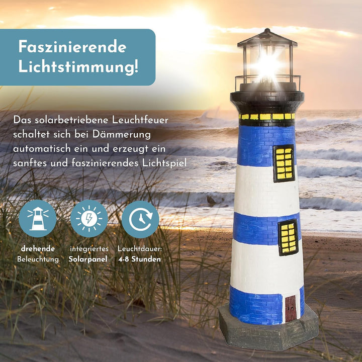 NATIV LEMODO Gartendeko Leuchtturm 83cm hoch | Handbemalte Gartenfigur mit solarbetriebenem, rotiere