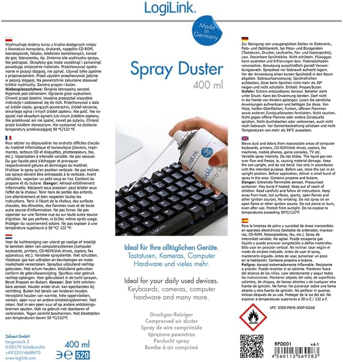 Logilink Druckluftspray Air Duster 7 Stück Reinigungsspray Sprühkopfverlängerung für Computer PC Tas