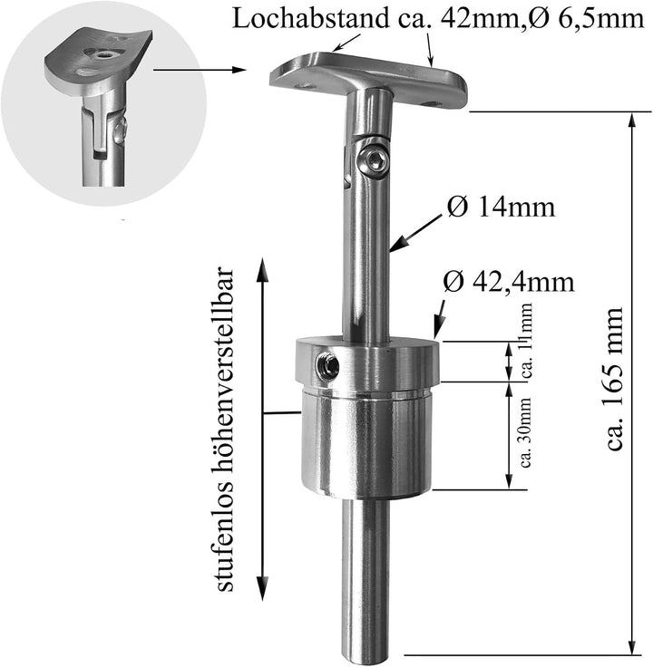 BASIT Edelstahl Handlaufträger Platte + Gelenk höhenverstellbar für 42,4 mm Rohr I Handlaufträger Ed