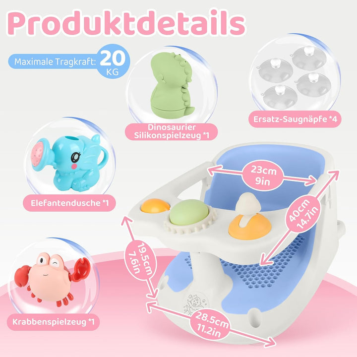 Baby Badesitz ab 6 Monate, Badewannensitz mit 4-starken Saugnäpfen, Rutschfester Badesitz Baby mit S