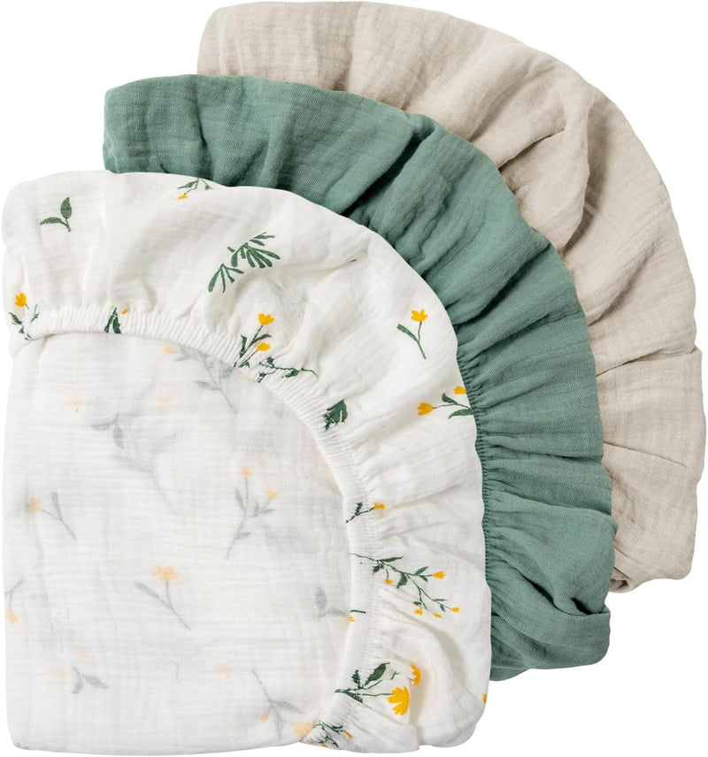 3er-Pack Bettlaken Spannbettlaken,Matratzenschoner für Laufgitter,100% Musselin-Baumwolle,Weiche und