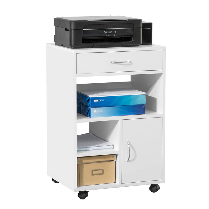 SoBuy FBT106-W Druckertisch mit Schublade und Tür Aktenschrank Rollcontainer mit Fächern Bürowagen B