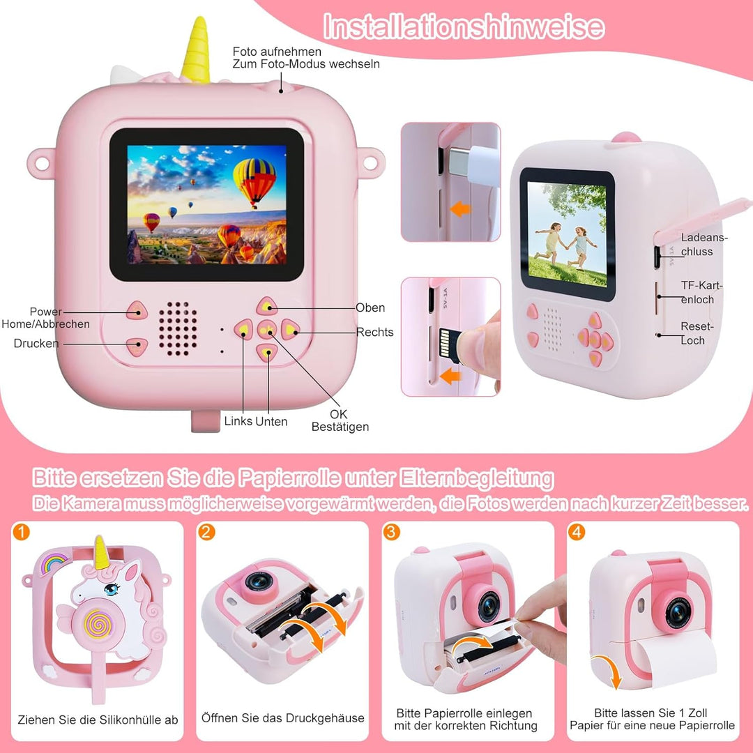 ARNSSIEN Sofortbildkamera Kinder mit 180°-Klappobjektiv, 2,4" 1080P Kinderkamera mit 3 Druckpapier,