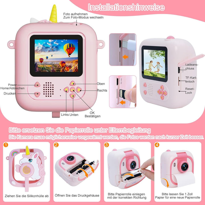 ARNSSIEN Sofortbildkamera Kinder mit 180°-Klappobjektiv, 2,4" 1080P Kinderkamera mit 3 Druckpapier,