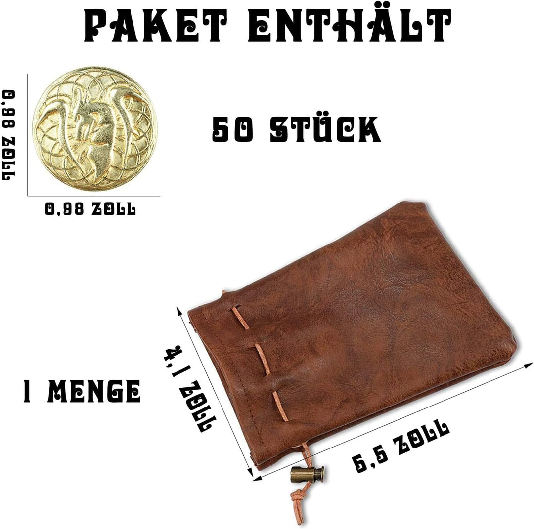 Byhoo, Fantasy-Set mit DND-Metallmünzen und Ledertasche, der neuartige Spielmarkenschatz für Brettsp