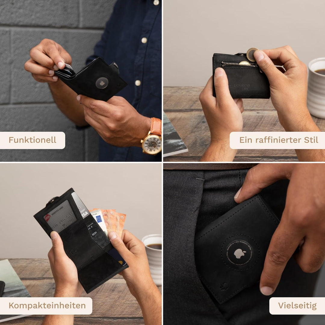 DONBOLSO Wallet mit Airtag - Mini Portemonnaie Vintage-Schwarz mit Münzfach für 15 Karten, RFID-Schu