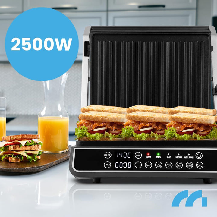 MalTec Kontaktgrill mit Auffangschale SM5000W-PRO Elektrogrill 2500W Panini Sandwichmaker, 3 Frittie