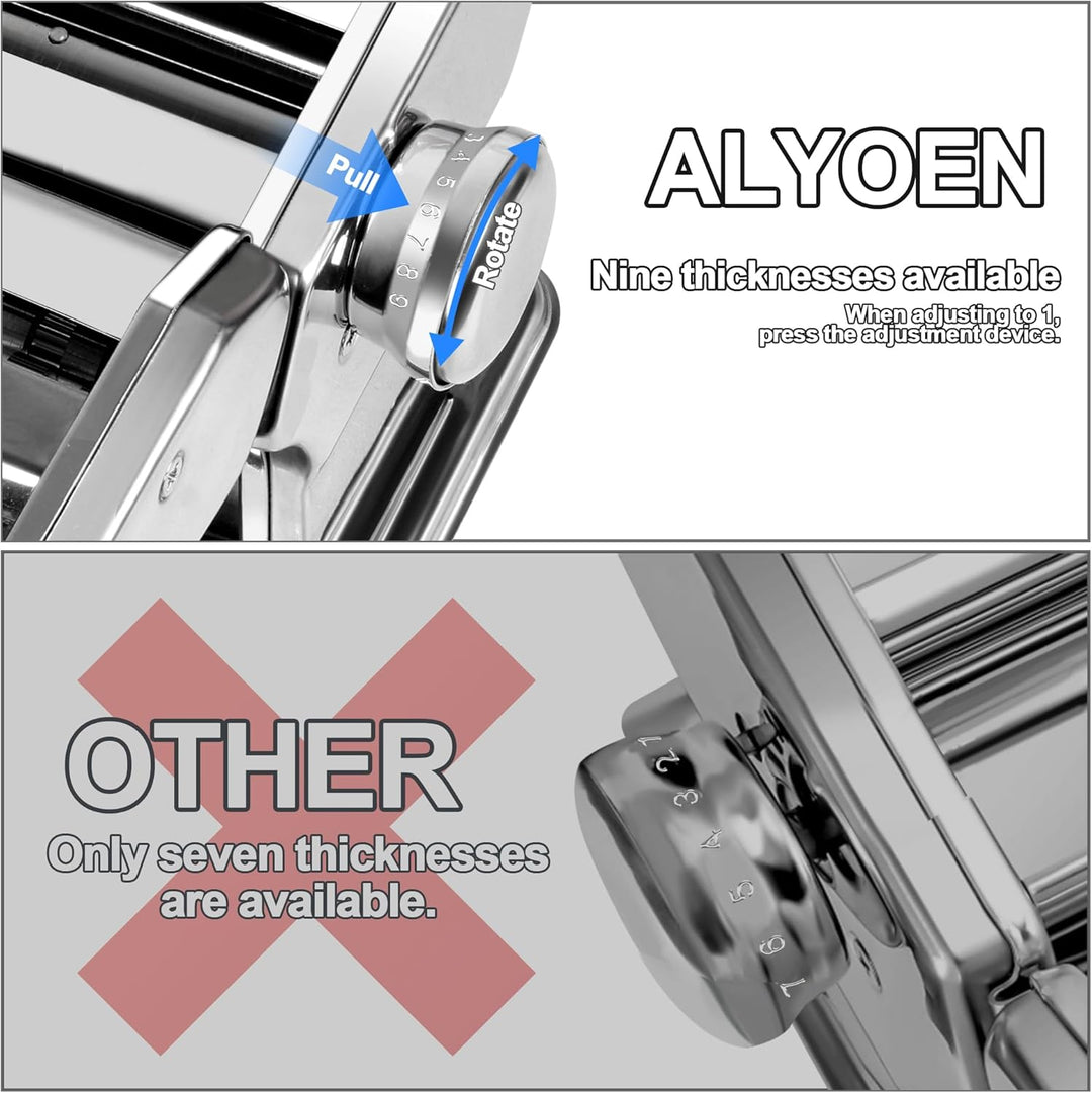 Alyoen Nudelmaschine, Pasta Maker, Aluminiumlegierung Pastamaschine mit 9 Einstellbaren Stärkeeinste