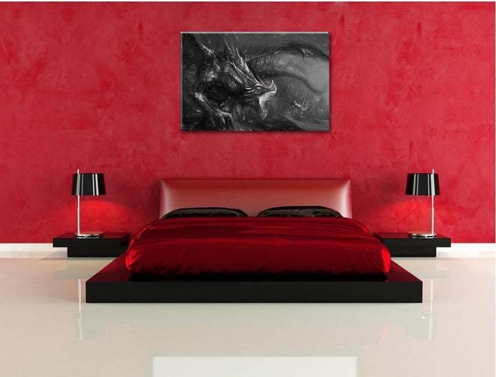Pixxprint Kampf zwischen Mensch und Drache Kohle Zeichnung Effekt, Format: 100x70 auf Leinwand, 100x