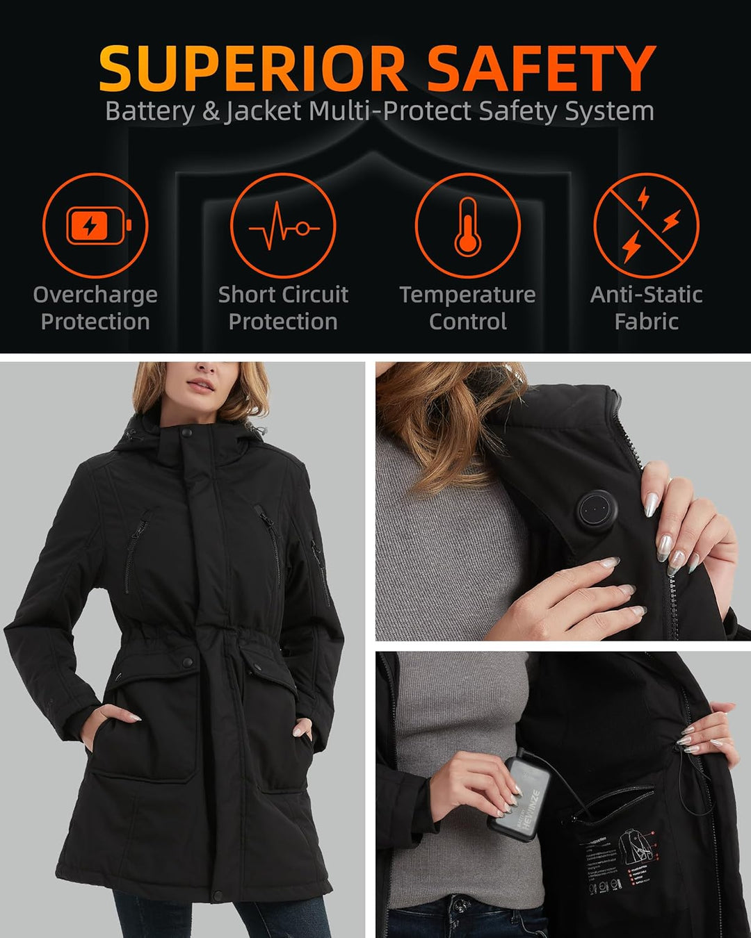 HEWINZE Beheizter Puffermantel mit Kapuze für Damen – Elektrische Dual-Control-Heizjacke mit 7,4-V-A