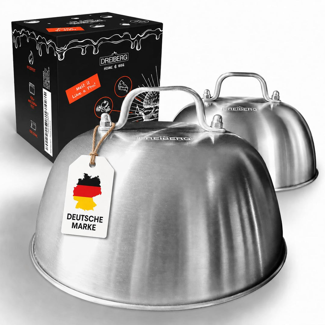 DREIBERG® Burgerglocke 2er Set – Edelstahl Schmelzglocke für Cheeseburger. Schmelz- und Abdeckhaube