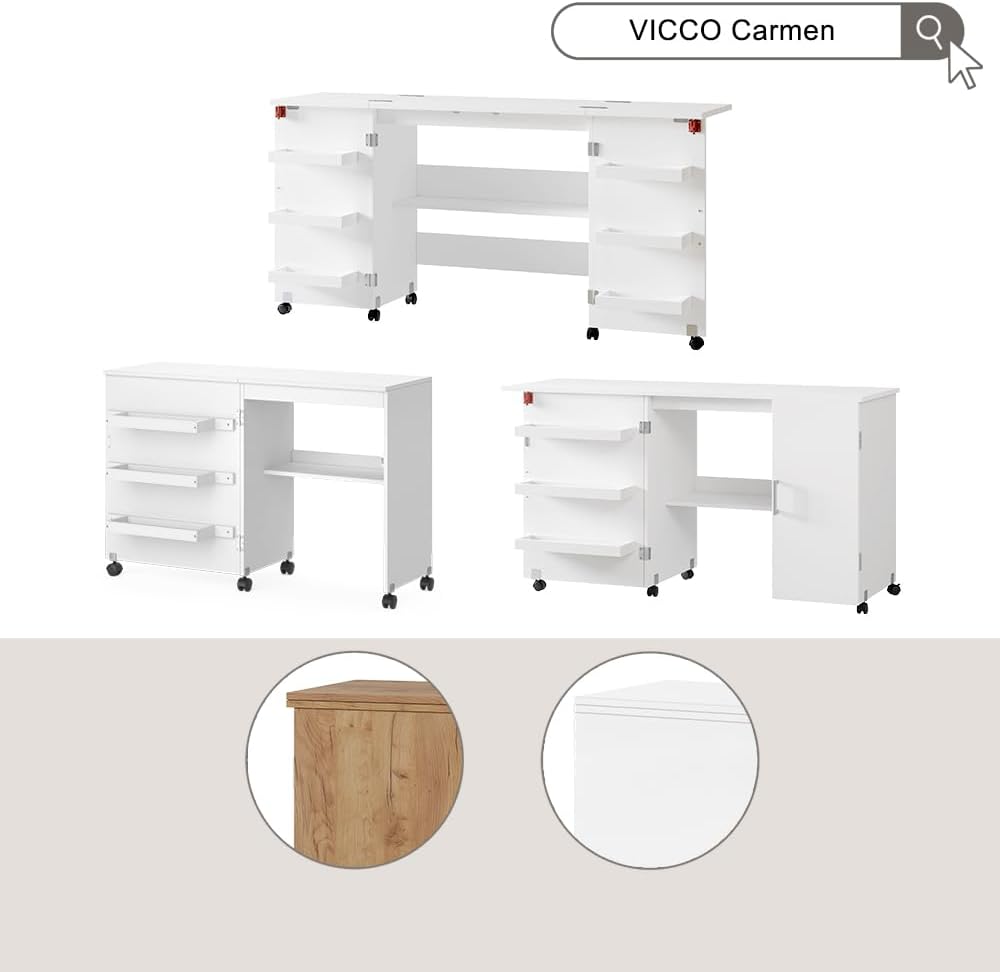 Vicco Nähtisch Carmen, Eiche, 118 x 77.5 cm mit 3 Regalfächer Eiche 118 cm, Eiche 118 cm