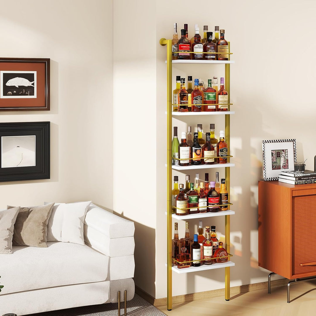 YMYNY 5-Tier freistehende Weinregale, Liquor Flasche Display Regal mit Zäunen, Wand montierte schwim
