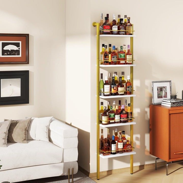 YMYNY 5-Tier freistehende Weinregale, Liquor Flasche Display Regal mit Zäunen, Wand montierte schwim