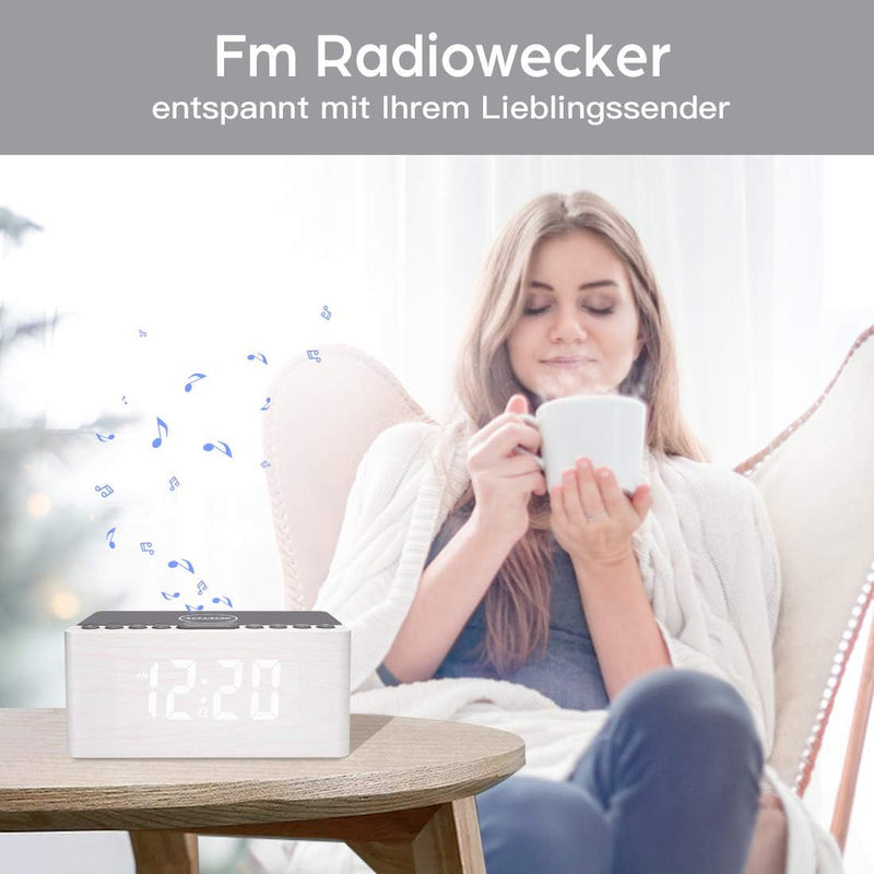 ANJANK Hölzerner Radio wecker Digital mit kabelloses Laden,10W Fast Wireless Charger for Iphone/Andr