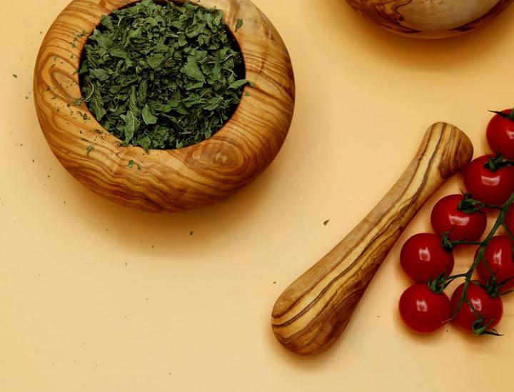 DAGDEG Mörser &amp; Stössel rund aus Olivenholz, Holzmörser,Kräuter-Gewürz-Mörser aus Holz, Kräutermühle